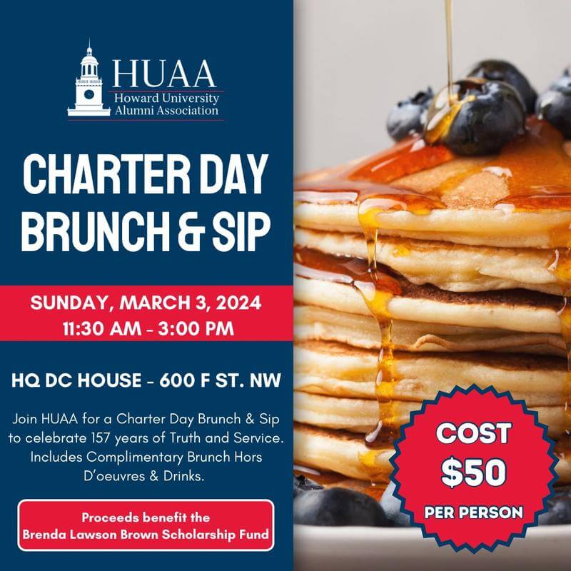 picture of a stack of pancakes and information for the HUAA Charter Day 2024 Brunch & Sip