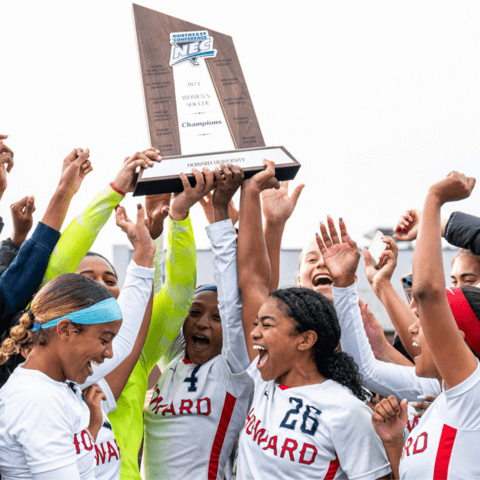 Howard women's soccer team celebrating their championship