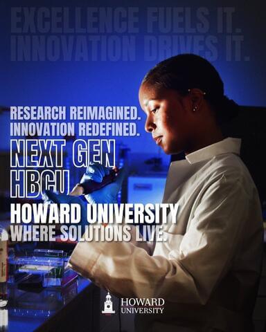 Howard R1 designation poster showing Howard scientist performing an experiment