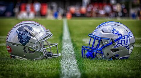 Howard and Hampton helmets facing each other