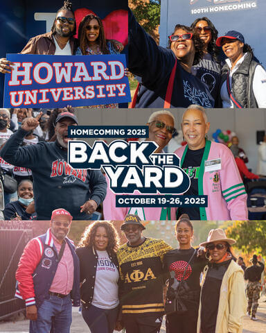 Homecoming 2025 collage with groups of alumni celebrating Howard’s legacy